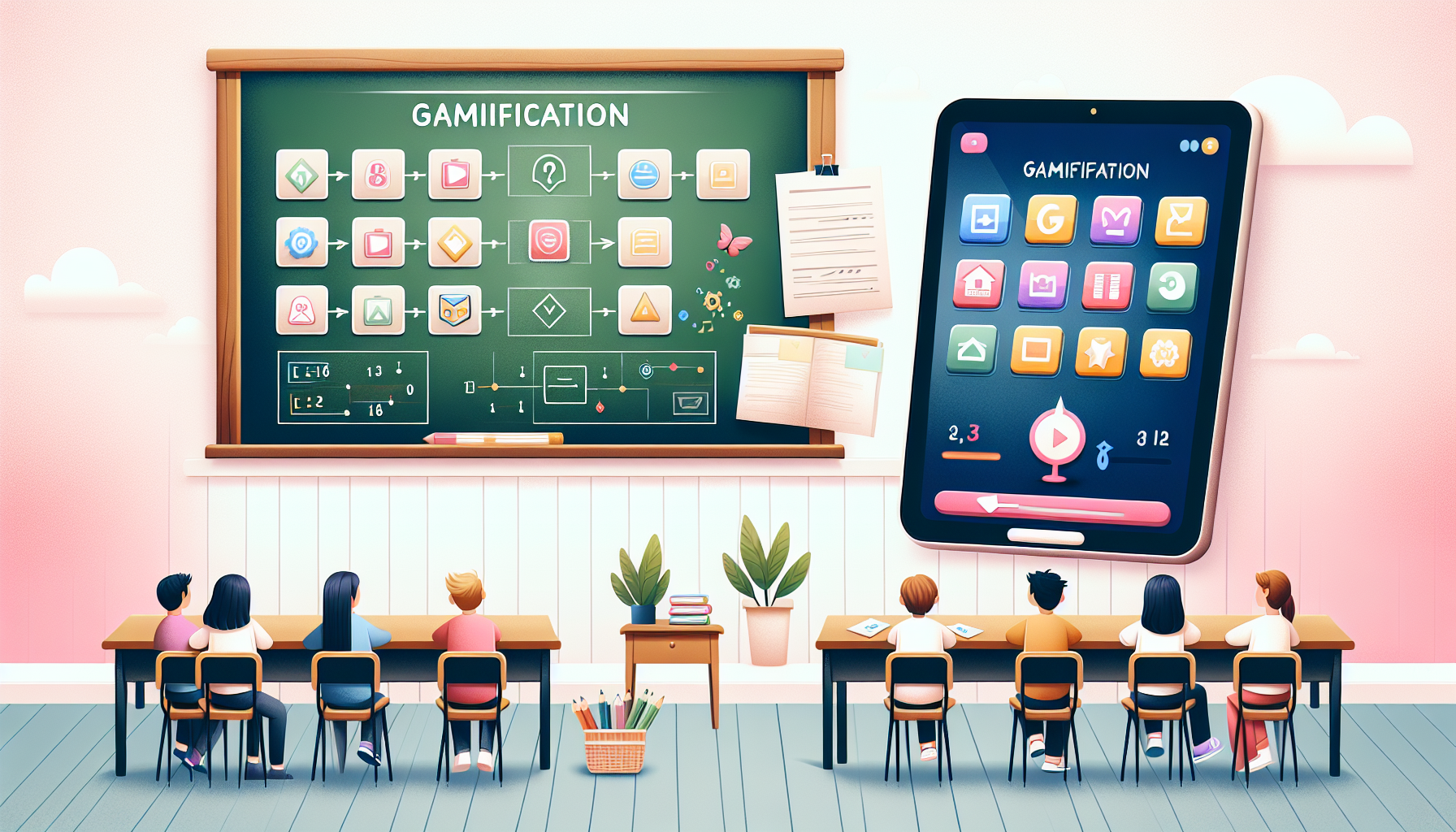 Gamification in education: engaging classroom scene.