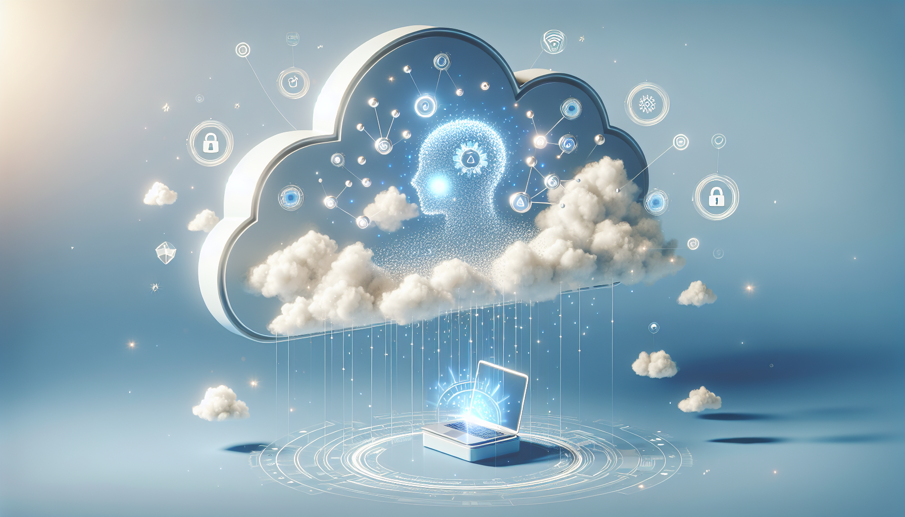 "Floating laptop in cloud symbolizes future eLearning."