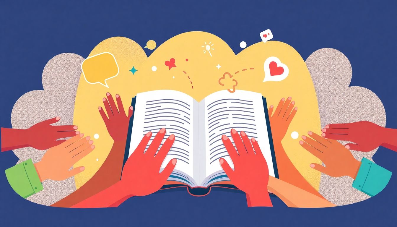 Alt text: "An illustration depicting inclusivity in content creation, featuring a single open book at the center. Diverse hands of various skin tones and ethnic backgrounds reach towards the book from different angles. Surrounding the book are soft, vibrant colors that evoke warmth and connection. Subtle symbols of communication, such as speech bubbles and graphic elements suggesting teamwork, enhance the composition. The overall design is simple yet impactful, conveying themes of unity and engagement in a diverse world."