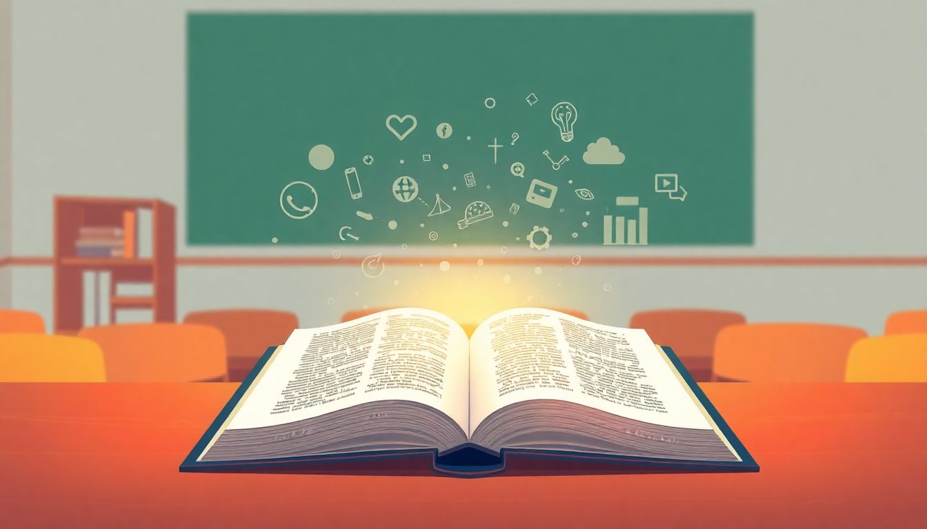 Alt text: "An illustration of a serene classroom environment with a single open book on a desk, softly glowing. Above the book, an abstract AR overlay features vibrant visuals representing ideas and concepts, emphasizing interactive learning. The warm color palette creates a calming atmosphere, enhancing the minimalistic yet captivating composition."