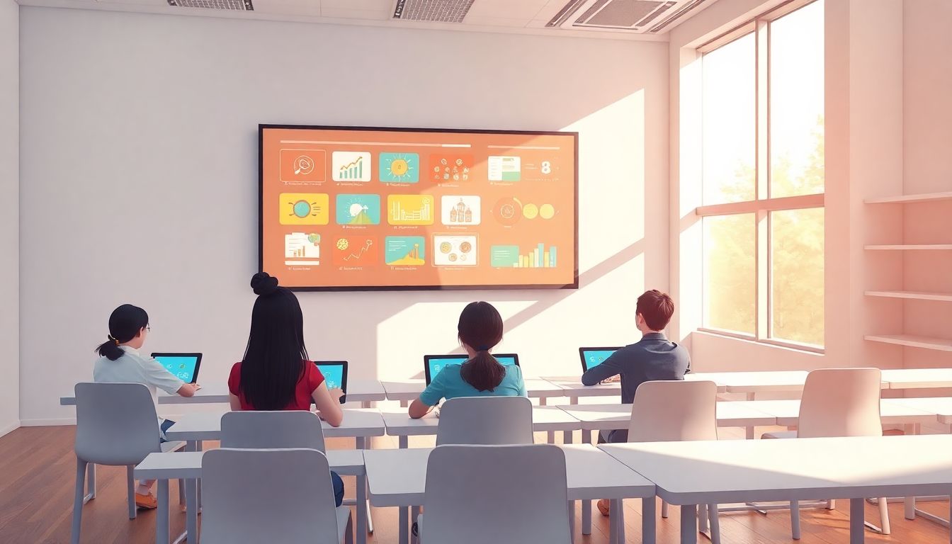 Alt text: "A modern classroom featuring a large interactive smart board with colorful educational graphics. Engaged students are seated at sleek, futuristic desks equipped with tablets, while soft natural light filters in through large windows. The scene conveys a dynamic and inviting atmosphere, emphasizing the integration of Internet of Things (IoT) technology in enhancing the learning experience, set against a warm and inspiring color palette."