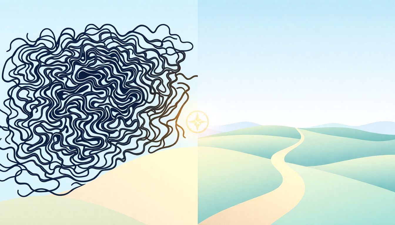 Alt text: "An illustration contrasting a complex, chaotic maze with dark, tangled lines on the left side, symbolizing the confusion of integrating third-party tools via APIs, and a bright, inviting pathway on the right side that features gentle hills and a clear sky, representing successful API integration. A small, shining compass rests on the pathway, symbolizing guidance and best practices. The overall mood is tranquil and encouraging, conveyed through soft colors and simple elements."