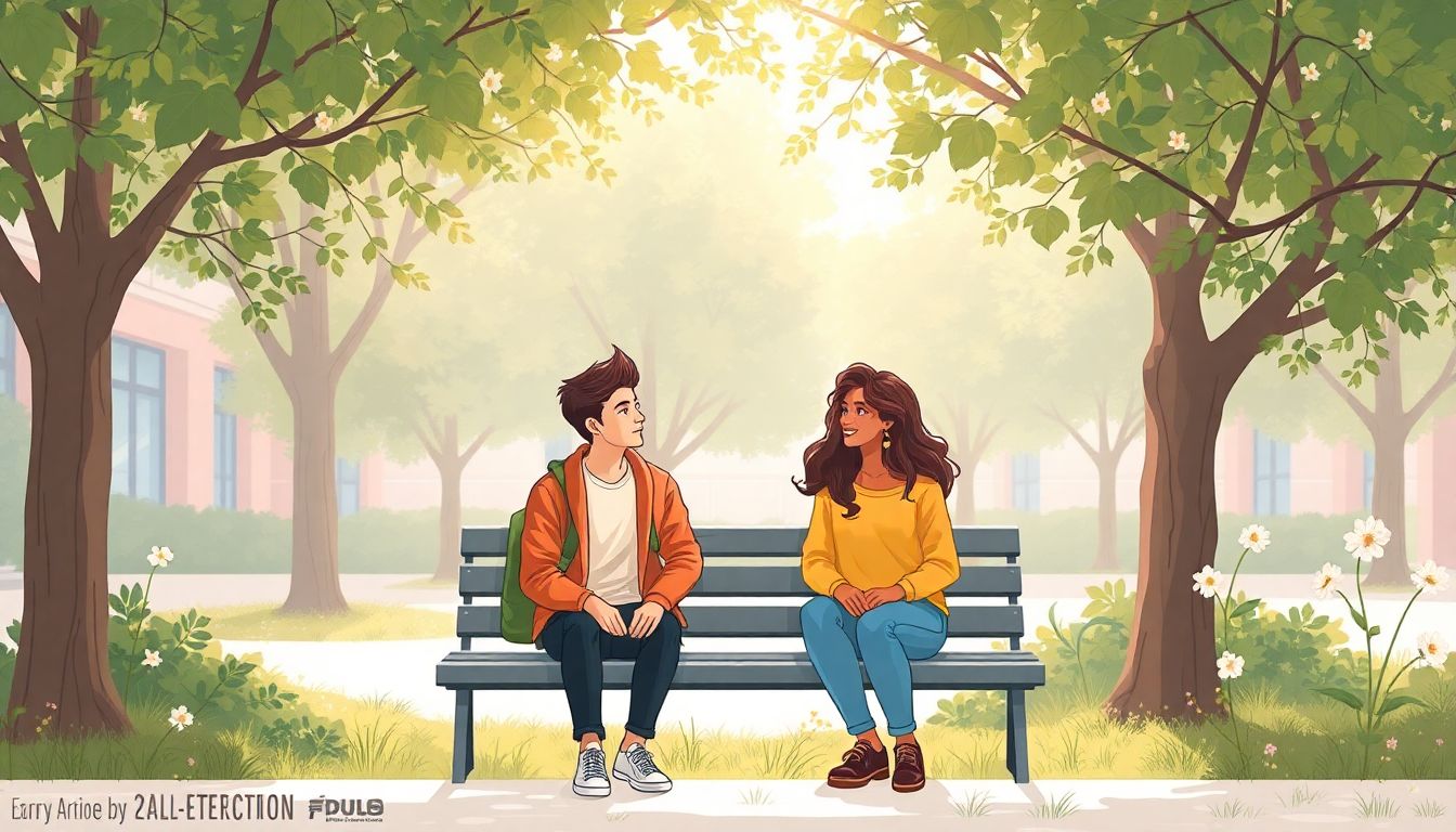 Alt text: "A serene outdoor university courtyard featuring two diverse students sitting on a bench, engaged in a friendly conversation. One student is male, and the other is female, both displaying relaxed expressions as soft sunlight filters through the surrounding trees. The scene is adorned with blooming flowers and lush greenery, symbolizing growth and community, creating a warm and inclusive atmosphere that conveys a sense of connection and belonging."