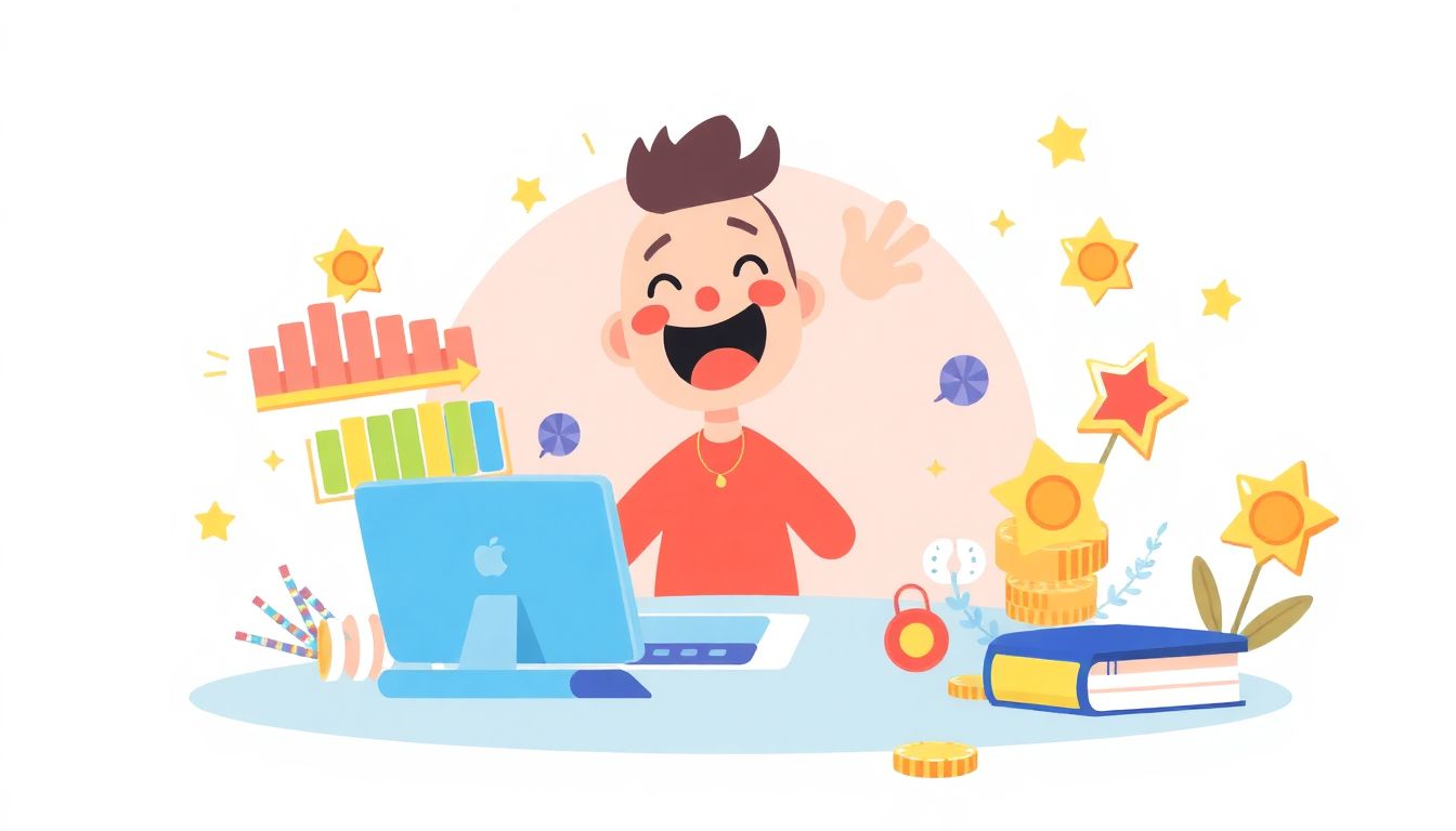 Alt text: "A whimsical illustration showing a joyful character, either human or anthropomorphic, completing a dull task. The character is surrounded by vibrant elements such as colorful progress bars, sparkling golden rewards, and playful competition symbols like badges and stars. The background features soft, uplifting colors, creating an engaging atmosphere that emphasizes transformation and motivation through gamification."