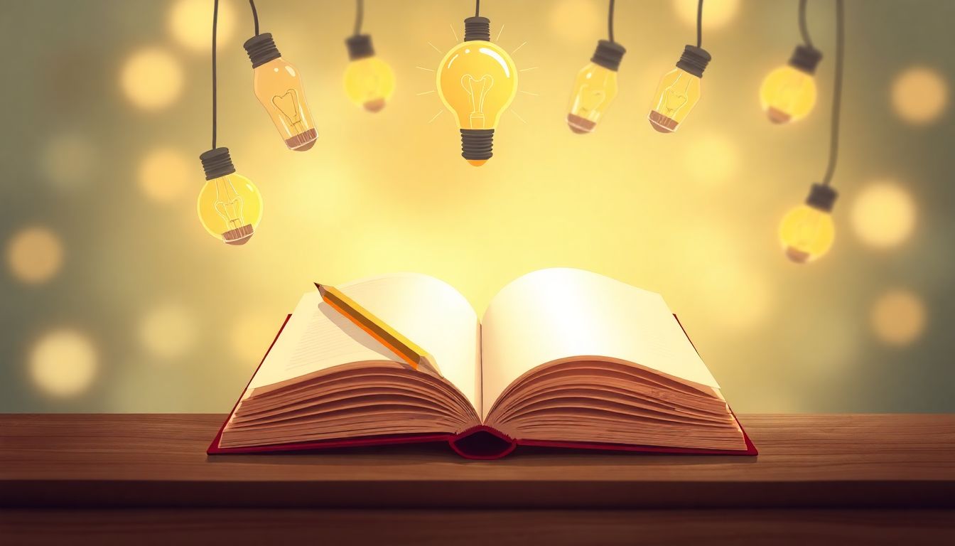 Alt text: "A high-quality illustration of an open notebook with a pencil resting on its pages, surrounded by glowing lightbulbs that symbolize ideas and creativity. The background is softly blurred, drawing attention to the notebook and pencil, creating an inviting and imaginative atmosphere that suggests inspiration and dynamic learning experiences."