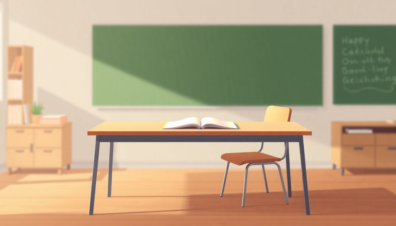 A minimalist illustration of a serene classroom, featuring a single desk symbolizing a mentor and a chair for a student. The desk holds an open notebook and is bathed in soft light, emphasizing guidance and learning. The background is softly blurred, hinting at bookshelves and a chalkboard, while the warm color palette enhances a sense of growth and connection in the mentor-student relationship.