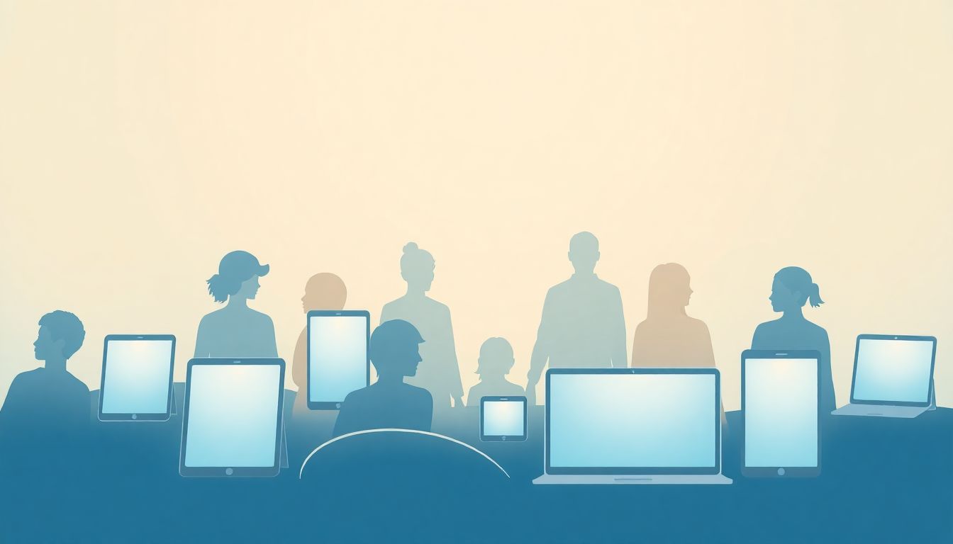 Alt text: "A minimalist illustration depicting interconnected digital devices, including smartphones and laptops, with soft glowing screens. Surrounding the devices are subtle hints of diverse human silhouettes, representing connectivity and support. The calming color palette features shades of blue and green, creating an inviting and warm atmosphere that conveys a sense of community and meaningful connections through social media."