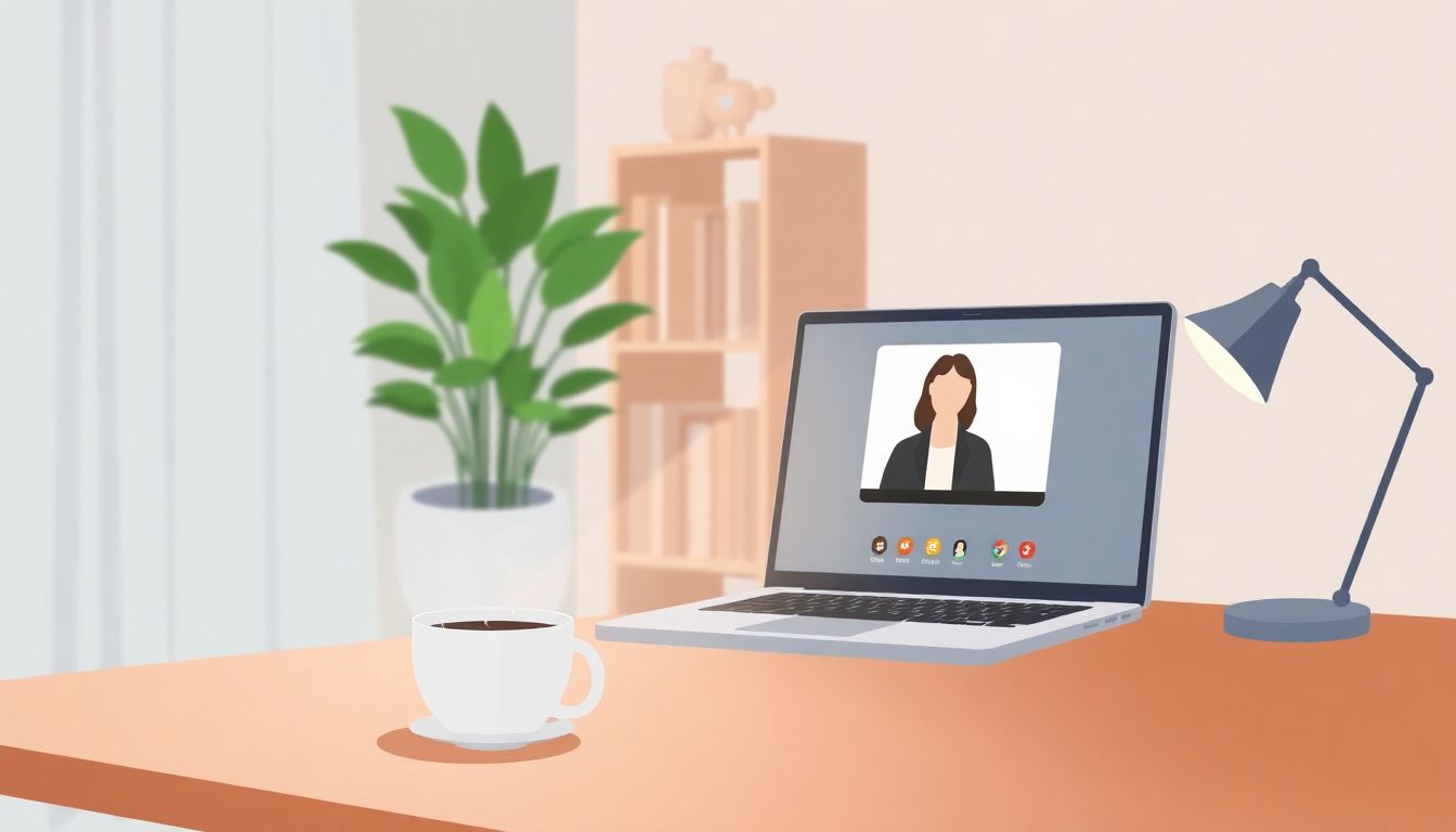 A minimalist illustration of a serene home office setup for virtual meetings. The scene features a cozy desk with a laptop displaying a virtual meeting interface. Next to the laptop sits a steaming cup of coffee. Soft, ambient lighting illuminates the space, enhancing the calm atmosphere. In the background, a soothing bookshelf and a potted plant add to the tranquil vibe. The soft colors and gentle textures create an inviting and inspiring environment, emphasizing the transformation of stress into engaging experiences.