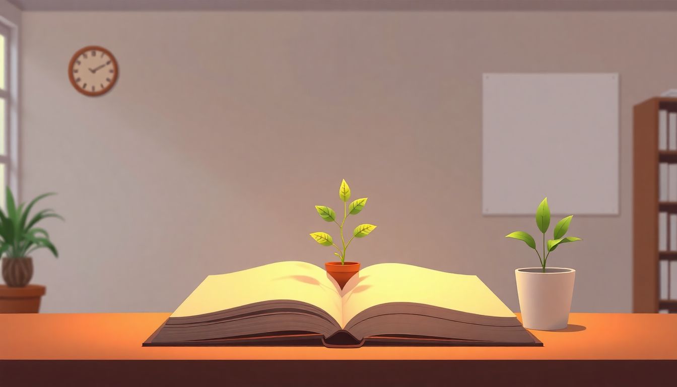 Alt text: "An illustration of a serene classroom scene featuring an open book and a potted plant, symbolizing growth and knowledge. The atmosphere is enhanced by warm, soft lighting, creating a sense of care and connection. The background is simple and uncluttered, drawing attention to the central elements that represent nurturing long-term relationships between educators and students."