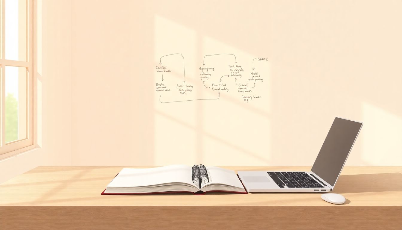 Alt text: A minimalist workspace featuring a clear, empty desk with an open notebook and a sleek laptop, symbolizing simplicity in designing competency-based assessments. Soft, natural light streams through a nearby window, creating a peaceful atmosphere. In the background, a faintly sketched flowchart or framework is visible on the wall, representing the structured guidance in the assessment design process. The overall aesthetic is calm and inviting, promoting focus and engagement.