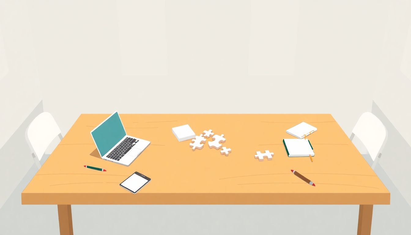 Alt text: A serene workspace featuring a large wooden table with a laptop, a notebook, and elegant pens scattered across it. Abstract puzzle pieces representing different team roles are interlocked on the table, symbolizing collaboration and creativity. The warm color palette conveys inspiration and unity, while the composition remains clean and focused, enhancing clarity.