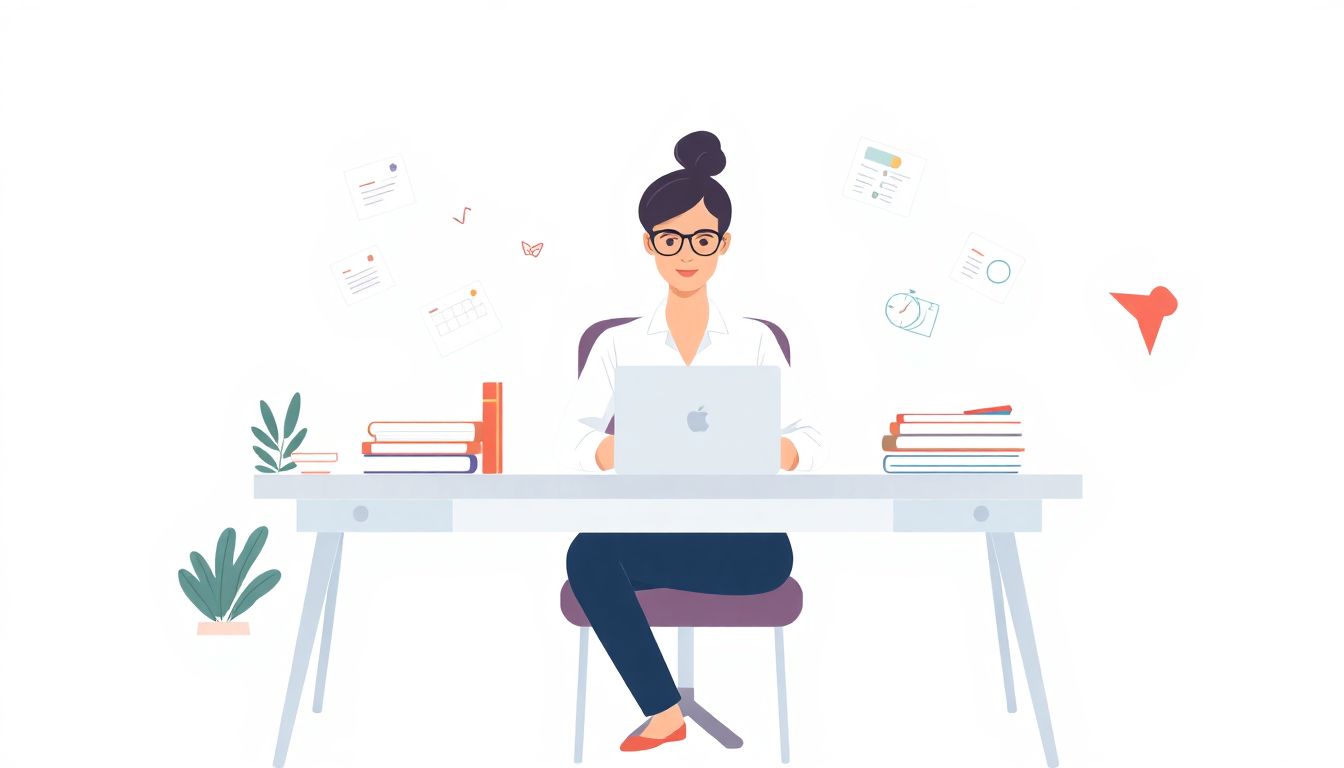 A high-quality illustration of a serene course manager sitting at a tidy desk, surrounded by vibrant, minimalistic technology tools like a laptop and a digital planner. The scene exudes calmness and control, contrasting the chaos of disorganization with the order of the clean workspace. Soft, floating reminders and digital templates hover around them, representing the ease technology brings to course management. The overall color palette is soft and tranquil, enhancing the theme of simplicity in the learning experience.