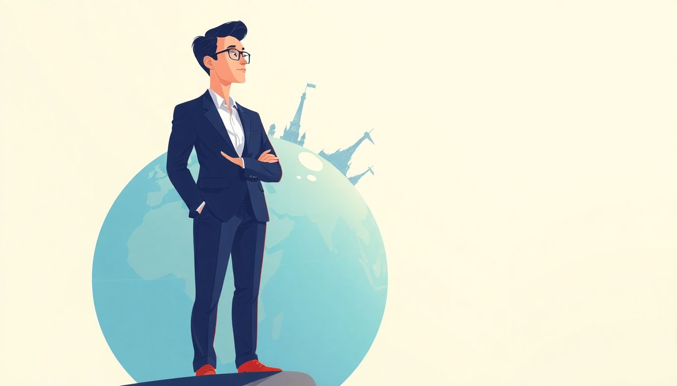 Alt text: "A serene and confident business professional stands at the edge of a large, stylized globe, which features subtle landmarks and cultural symbols from various countries, representing international markets. The background has a soft gradient that conveys calm and possibility. The minimalist composition highlights the professional's determined expression as they gaze towards the globe, symbolizing the journey of expanding a business internationally."