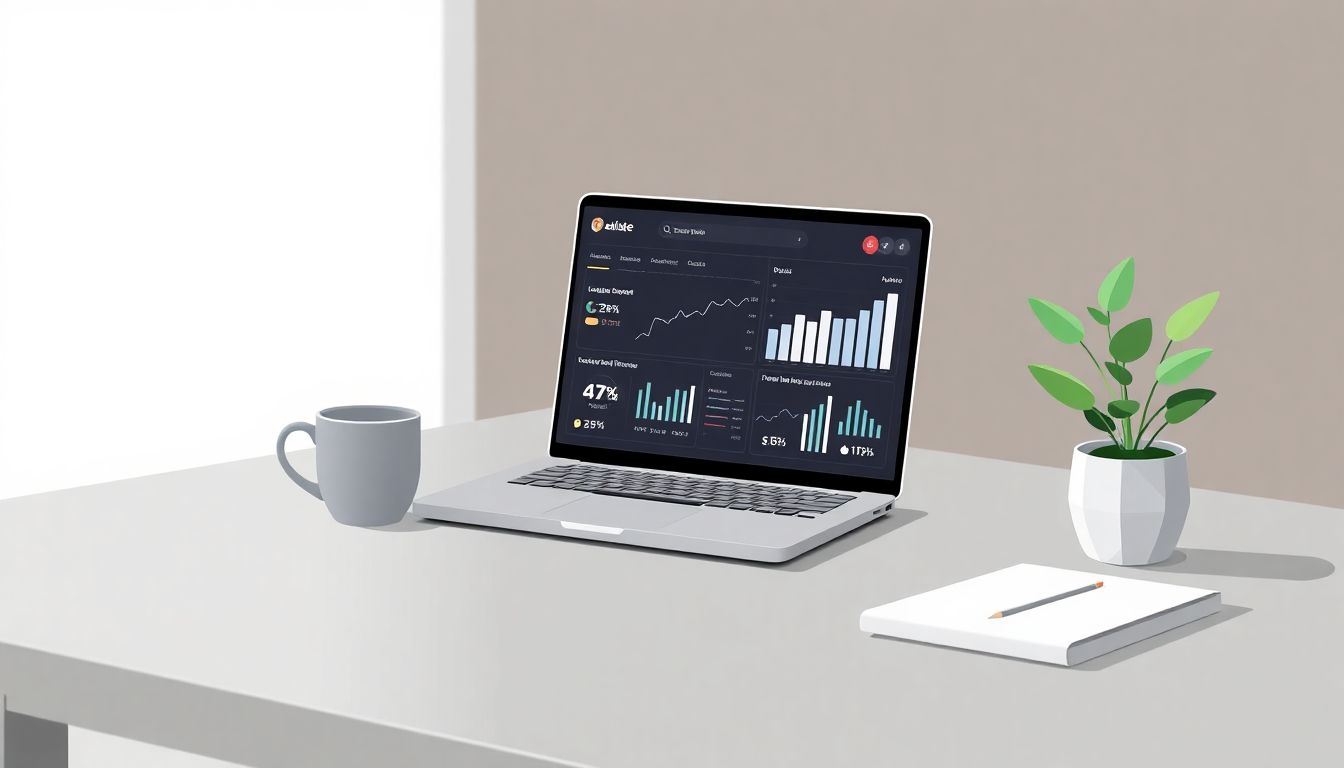 A serene and minimalist workspace featuring a sleek desk with an open laptop displaying a finance dashboard filled with graphs and revenue charts. Next to the laptop is a single coffee cup, and a small potted plant adds a touch of greenery. The background is softly blurred with muted colors, enhancing the focus on the desk setup and creating an atmosphere of calm and structured planning for success in subscription-based business strategies.