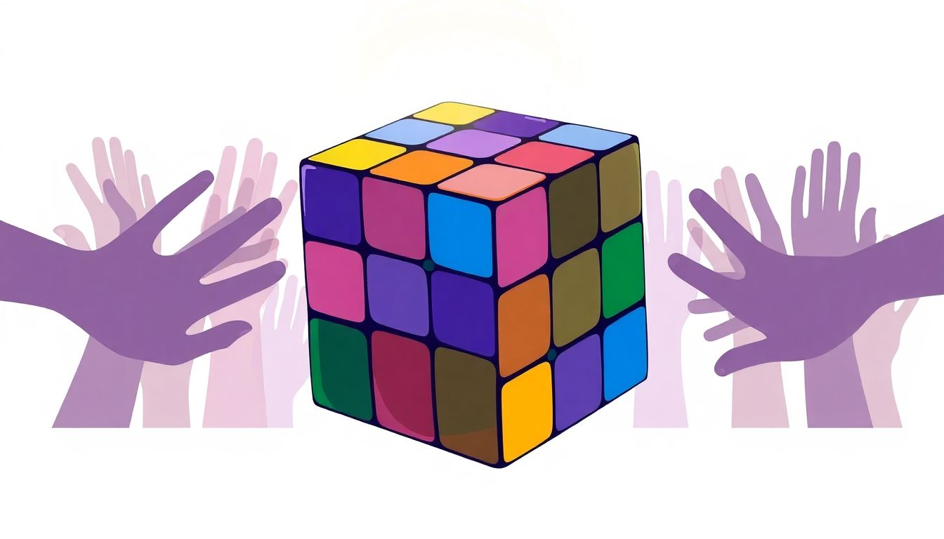 An artistic illustration of a colorful, abstract Rubik's Cube, with its colors blending harmoniously to symbolize the complexity of collaboration and partnerships. The cube is surrounded by a soft, glowing light, conveying hope and clarity. Faint outlines of diverse hands reach towards the cube in the background, representing connection and teamwork, all set against a serene color palette for a minimalistic effect.