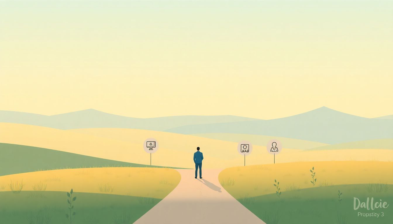 Alt text: "A minimalist illustration depicting a serene landscape with a lone figure standing at a crossroads, contemplating various pathways. Each path is marked with subtle icons symbolizing different income opportunities for creators, including products, consulting, public speaking, and affiliate marketing. The scene features soft, warm colors, conveying an uplifting and empowering atmosphere, with a clean design that highlights clarity and potential."