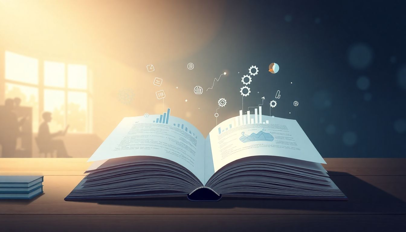 Alt text: "A serene educational scene featuring a single open book bathed in soft, glowing light. The book’s pages display symbols of data and growth, including graphs and gears, representing the evolution of online courses through learner data. In the background, subtle images of students are engaged with their learning materials, highlighting the concept of personalized learning. The minimalist design emphasizes clarity and inspiration."