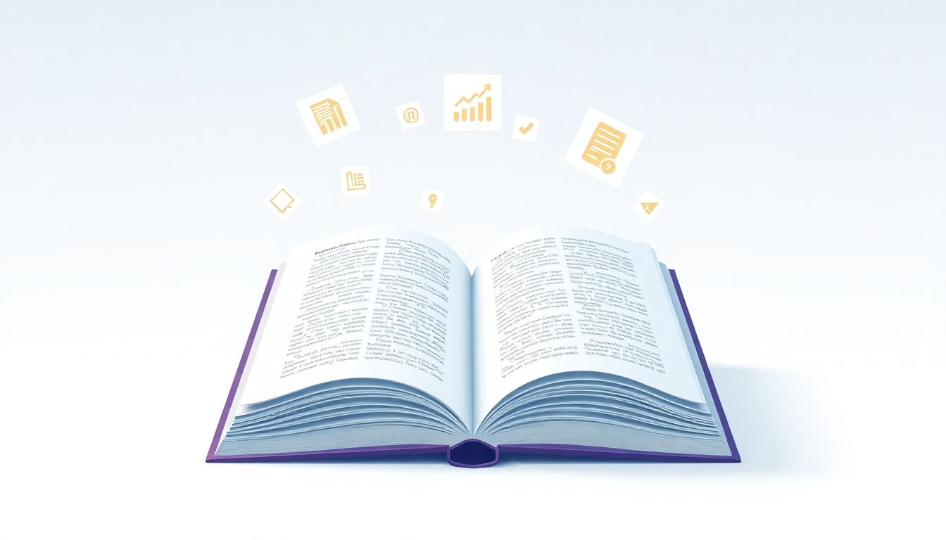 Alt text: "An illustration of an open book surrounded by floating icons representing eLearning evaluation metrics, including a line graph, a checklist, and a magnifying glass. The background is soft and minimalistic, featuring calming shades of light blue and white, conveying a sense of clarity and focus while emphasizing simplicity and guidance in understanding key metrics."