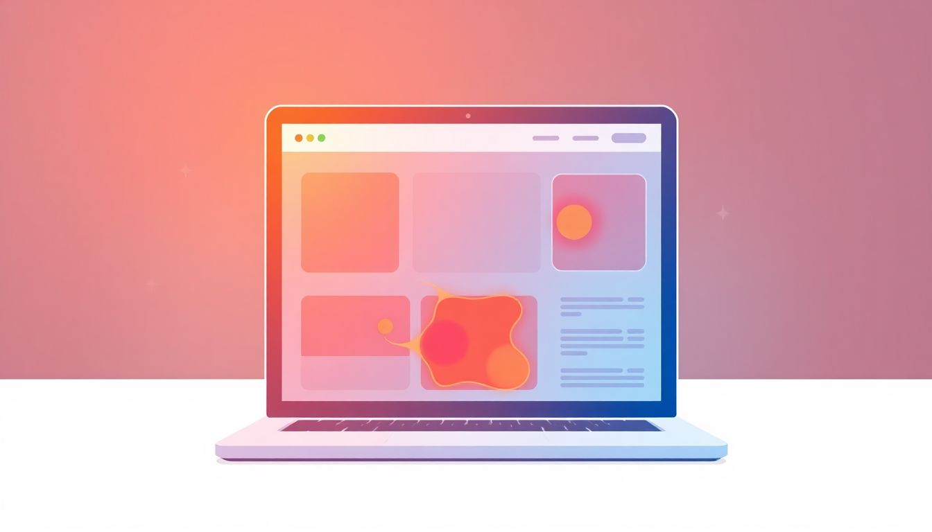 Alt text: "An artistic illustration depicting the concept of user engagement on a website. The image features a simplified website layout overlaid with a digital heat map, displaying warm colors like red and orange in areas of high user interaction, and cooler tones like blue and green in less engaging areas. The design incorporates clean lines and smooth shapes, creating a modern and sleek aesthetic that suggests clarity and improved user experience."