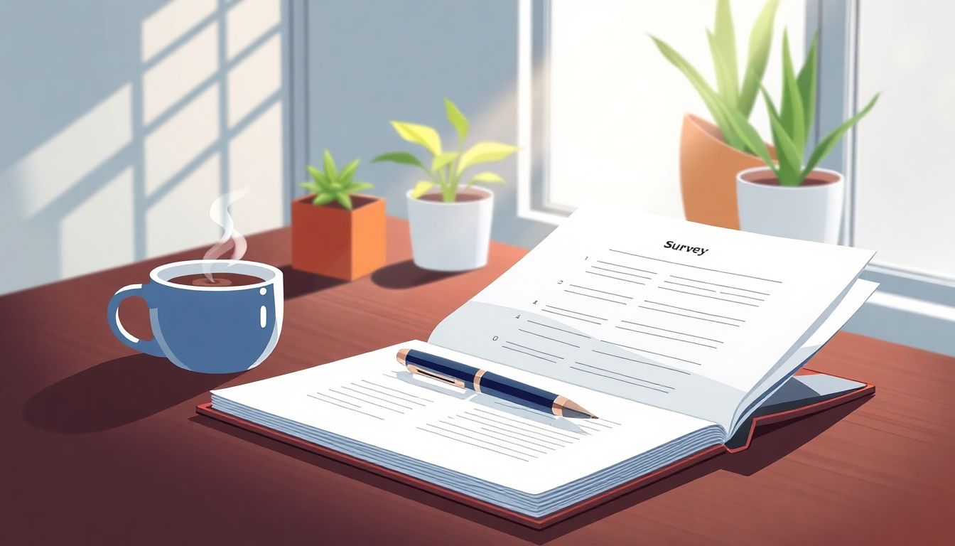 Alt text: "A serene desk setting featuring an open beautiful notebook displaying a well-structured survey, accompanied by a modern pen and a steaming cup of coffee. Soft rays of sunlight stream through a nearby window, illuminating the scene, while potted plants in the background symbolize growth and collaboration. The overall atmosphere conveys calmness, empowerment, and inspiration for gathering feedback."