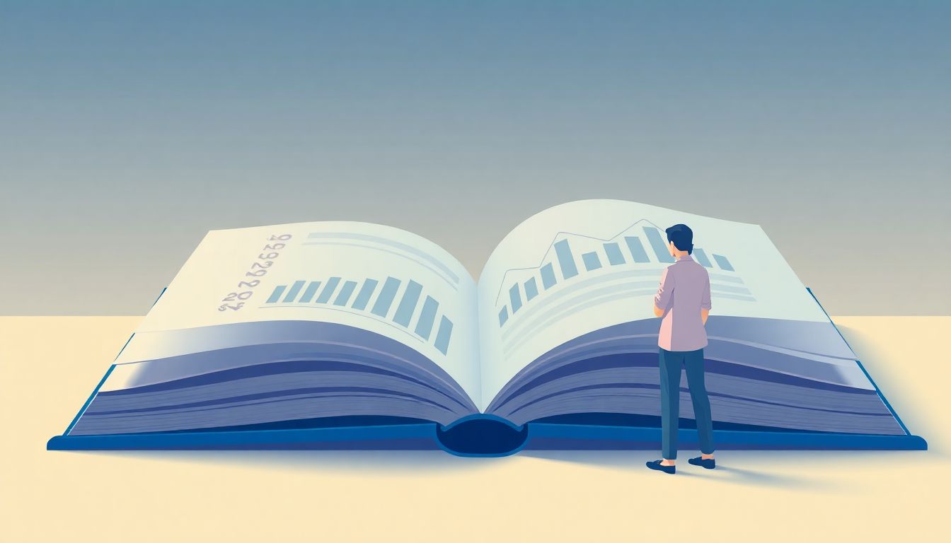 A minimalist illustration depicting a large, open book with flowing pages filled with abstract graphs and numbers, representing the analysis of marketing campaign performance. In the foreground, a calm marketing analyst is thoughtfully gazing at the book, embodying clarity and understanding. The soothing color palette features soft blues and greens, evoking insight and confidence. The background is subtly blurred, emphasizing the figure and the book and enhancing the scene's simplicity and elegance.