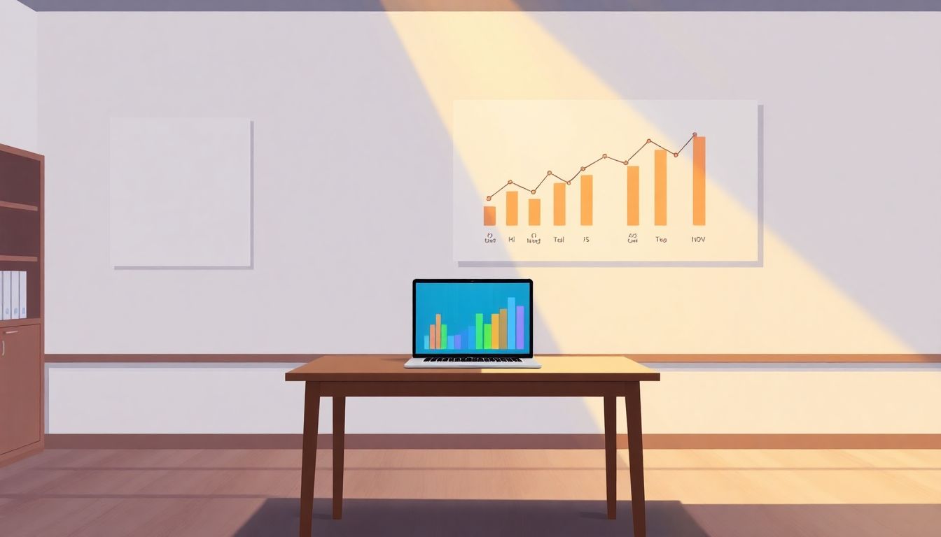 Alt text: "An illustration of a serene classroom featuring a single desk with a laptop displaying colorful data charts. A soft beam of light enters through a window, illuminating the space. On the wall, an elegant chart depicts upward trends in student success. The image conveys a sense of hope and innovation, emphasizing the role of predictive analytics in enhancing education."