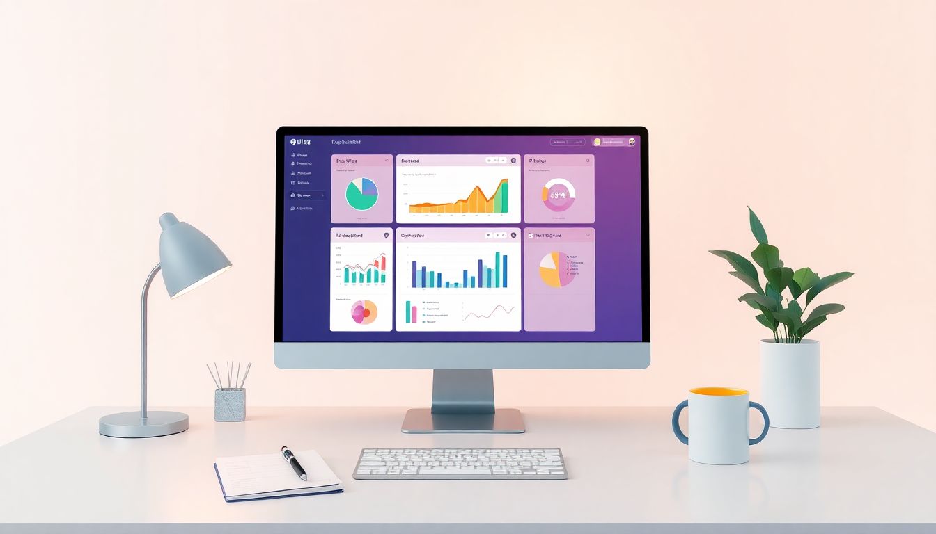 Alt text: "A minimalistic workspace featuring a sleek computer screen displaying a colorful data dashboard with vibrant graphs and charts. The desk is clean and organized, with a notepad, pencil, and coffee cup placed neatly beside the screen. Soft lighting enhances the warm and inviting atmosphere, conveying a sense of calmness and clarity for dashboard creation and data analysis."