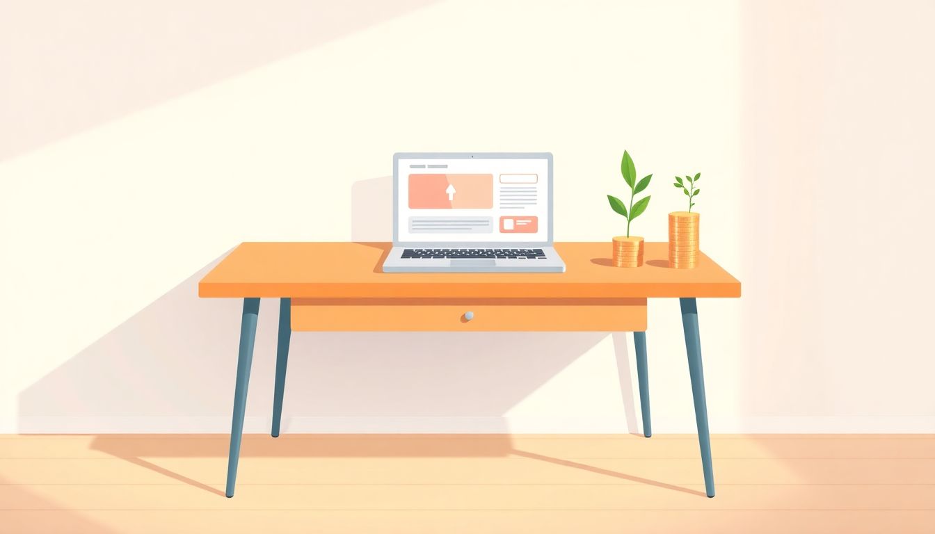 Alt text: A serene classroom setting with a single desk featuring an open laptop displaying an online course interface. The desk is surrounded by soft, calming colors, and next to it, a small plant grows beside a stack of coins, symbolizing growth and investment. The minimalistic background emphasizes the desk and the elements of growth, conveying clarity and understanding in measuring success.