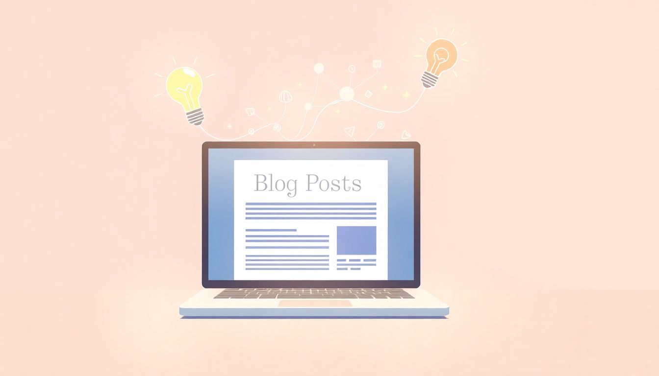 Alt text: "A minimalistic illustration depicting a laptop displaying a blog post that transforms into a vibrant course structure above it. Surrounding this scene are symbolic elements such as a lightbulb representing ideas and a pencil symbolizing creativity. The image features soft pastel colors in the background, creating an inviting atmosphere that conveys inspiration and the potential of online learning."