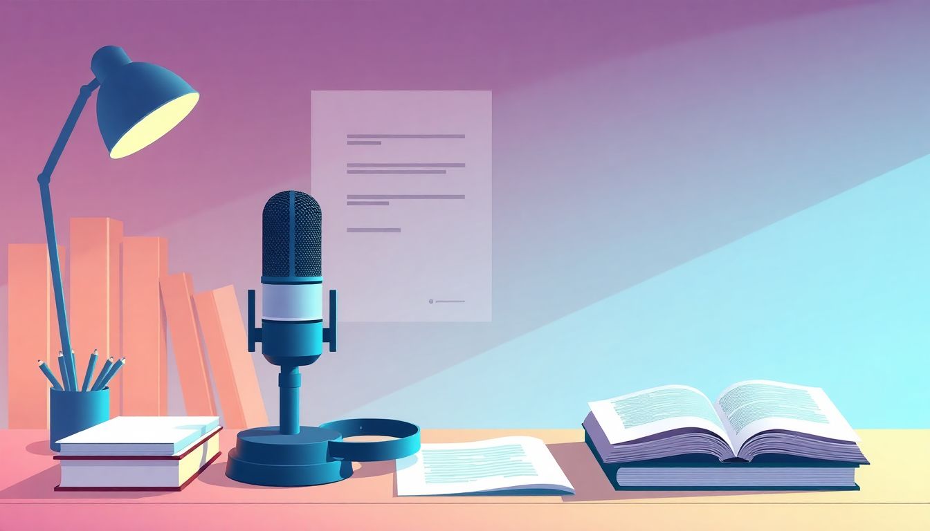 Alt text: "An illustration depicting a serene study space with soft lighting. A microphone and headphones rest on a desk surrounded by books and notes. Gentle sound waves are visually represented in the background, evoking the transformation of lecture content into engaging podcasts. The overall scene conveys creativity and focus, emphasizing a clean and elegant aesthetic."