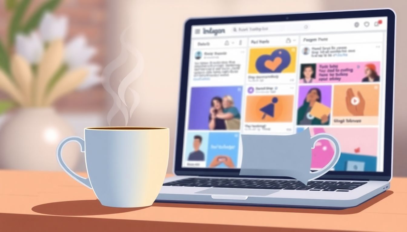 Alt text: A warm and inviting illustration featuring a coffee cup with steam rising beside a laptop showing vibrant course materials. In the background, a softly blurred social media feed displays colorful course snippets and enticing video teasers. The minimalist design conveys a sense of connection and creativity, capturing the essence of a serene morning hustle.