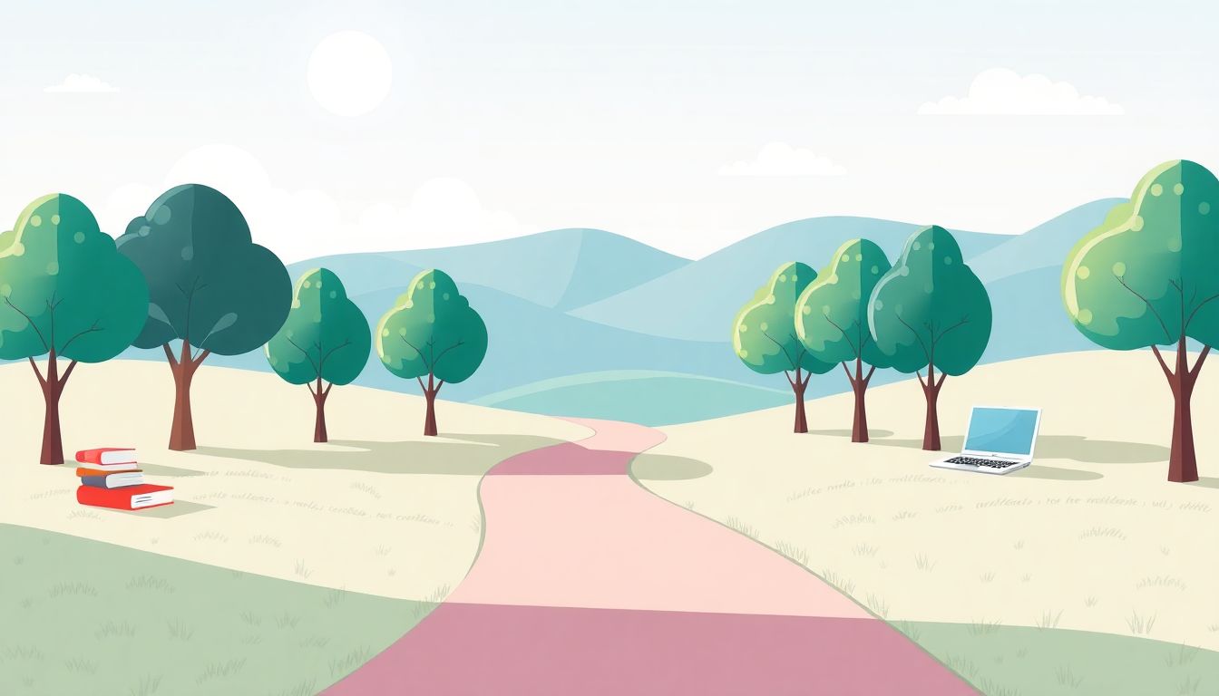 The image showcases a serene landscape that embodies clarity and consistency in education. A winding path meanders through a tranquil scene, bordered by gently swaying trees. Scattered along the path are stylized educational materials, such as books and laptops, harmoniously integrated into the setting. Above, the sky is bright and inviting, radiating hope and clarity. The overall composition emphasizes simplicity, harmony, and balance, creating an atmosphere of ease and organization.