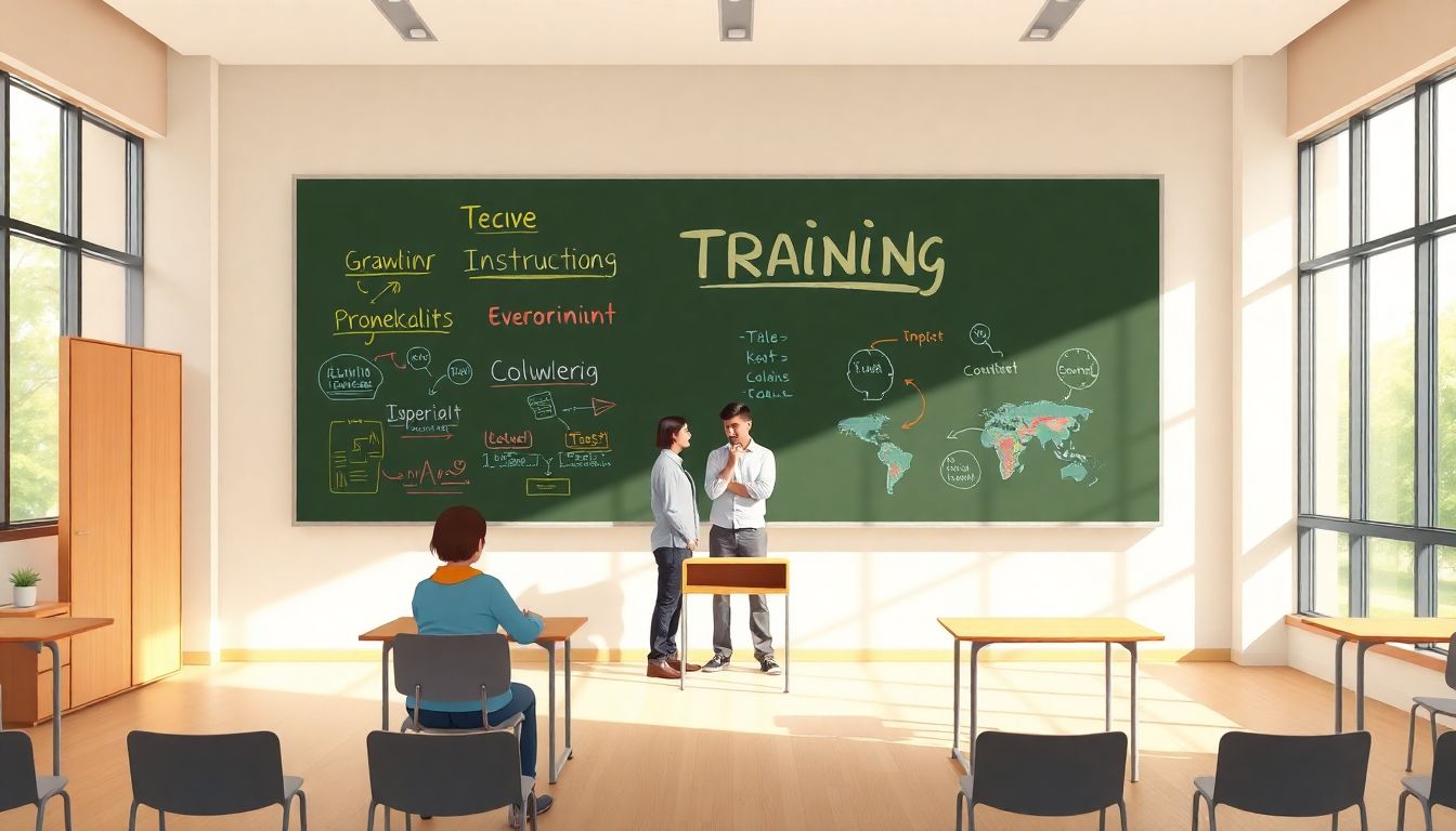 Alt text: "A minimalist illustration of a serene classroom with a large chalkboard displaying colorful diagrams and key terms about instructor training. A thoughtful instructor stands at the front, engaging with several attentive learners seated at simple desks. Soft natural light streams through large windows, enhancing the warm and inviting atmosphere of the educational environment."