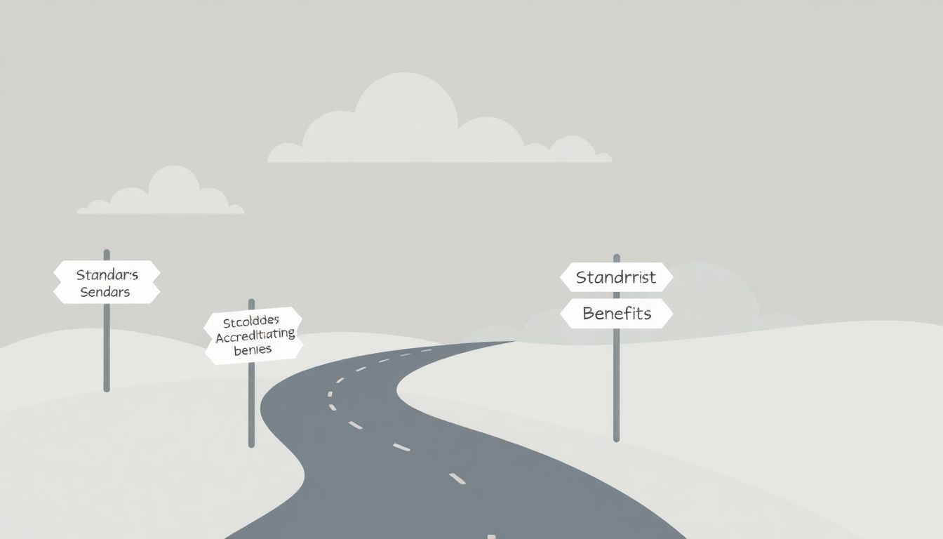 Alt text: An illustration of a serene scene depicting the journey of online course accreditation. It features a winding path with signposts labeled "Standards," "Accrediting Bodies," and "Benefits." The image is created in soft, muted colors, conveying calmness and clarity. The background includes abstract elements like clouds and gentle hills, symbolizing challenges that can be navigated smoothly. The overall composition evokes a sense of guidance and understanding, inviting viewers to embark on their accreditation journey.