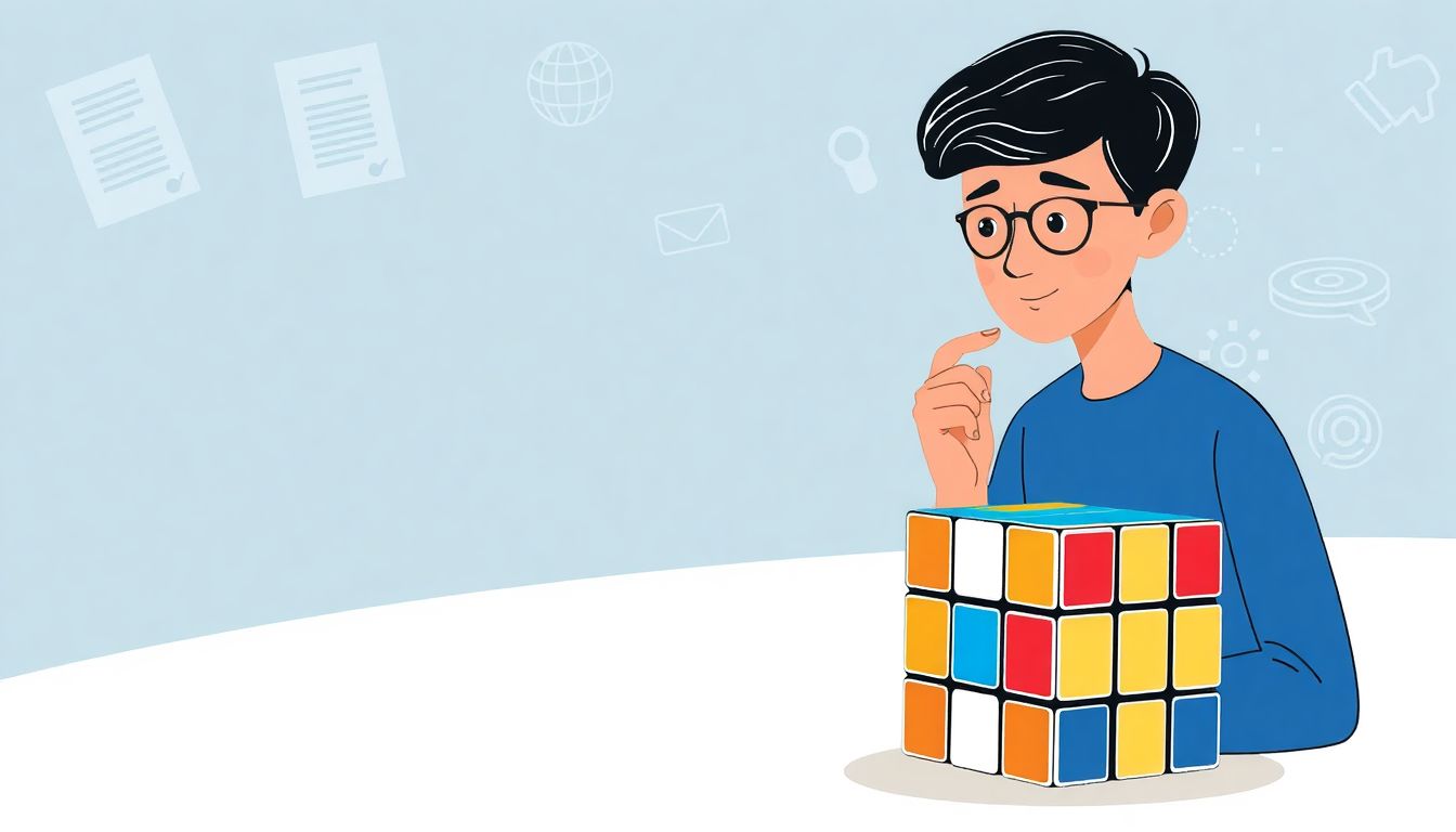 A thoughtful individual is seated in the foreground, calmly solving a Rubik's Cube, symbolizing the process of overcoming challenges in educational compliance. The person exhibits a sense of concentration and serenity. In the background, abstract representations of educational regulations are depicted, featuring faded documents and digital icons, presented in a minimalist style to maintain focus on the central figure. The illustration uses soft, inviting colors that evoke clarity and confidence, contrasting the complexity of compliance with the simplicity of mastering it.