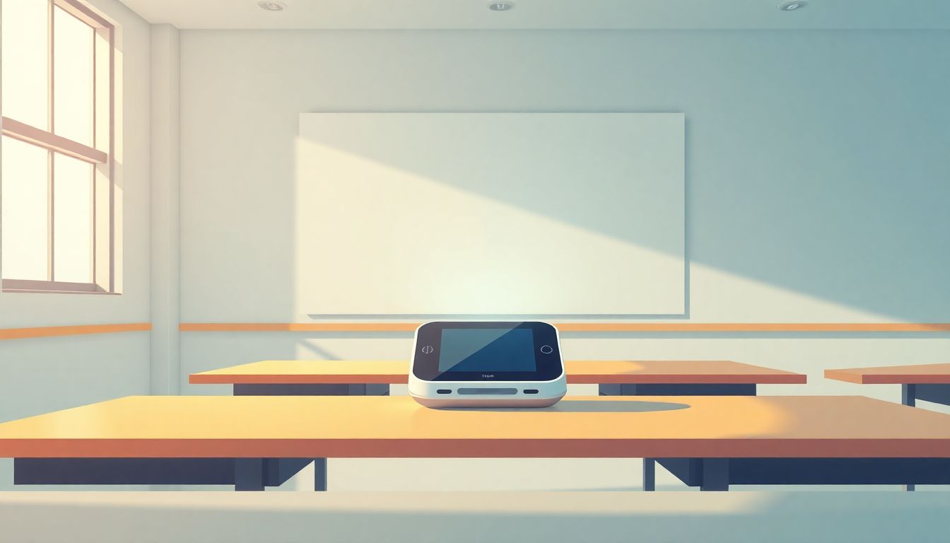 Alt text: "A serene, minimalist classroom scene illustrating the future of education through eLearning technologies. The room features soft colors and a calm atmosphere, with a single futuristic device on a desk emitting a gentle glow, symbolizing personalized learning experiences. Elements of AI, VR, and microlearning are subtly incorporated into the environment, emphasizing innovation and transformation in education."