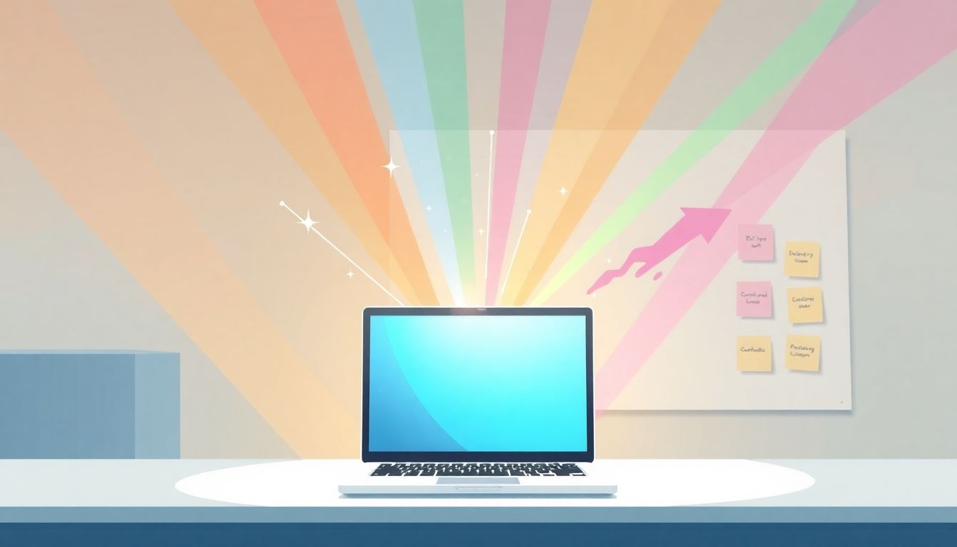 An illustration depicting the concept of nanolearning in education. In the foreground, an open laptop sits on a desk, emitting vibrant beams of colorful light that symbolize engaging snippets of knowledge. In the background, a whiteboard adorned with colorful post-it notes showcases various bite-sized learning concepts. The scene is rendered in a soft color palette, conveying calmness and inspiration, with a minimalistic composition that emphasizes the laptop and its radiant light, evoking a sense of enlightenment and joy in the learning process.