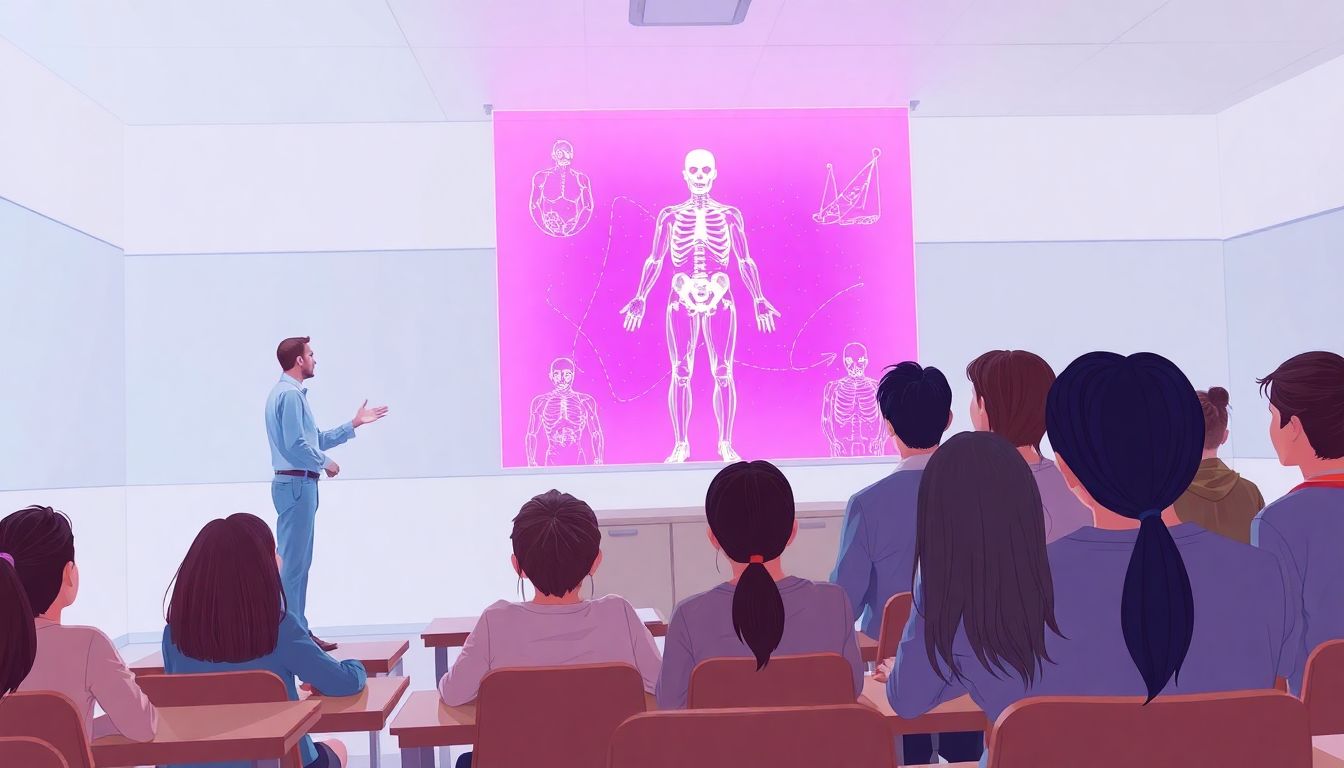 Alt text: "A modern classroom featuring a teacher demonstrating a colorful, three-dimensional hologram of the human body in front of an attentive group of students. The classroom is designed in a minimalistic style with soft lighting and a clean aesthetic, emphasizing the futuristic holographic display. The students are visibly intrigued, showcasing their engagement and fascination with the advanced technology being used for learning."